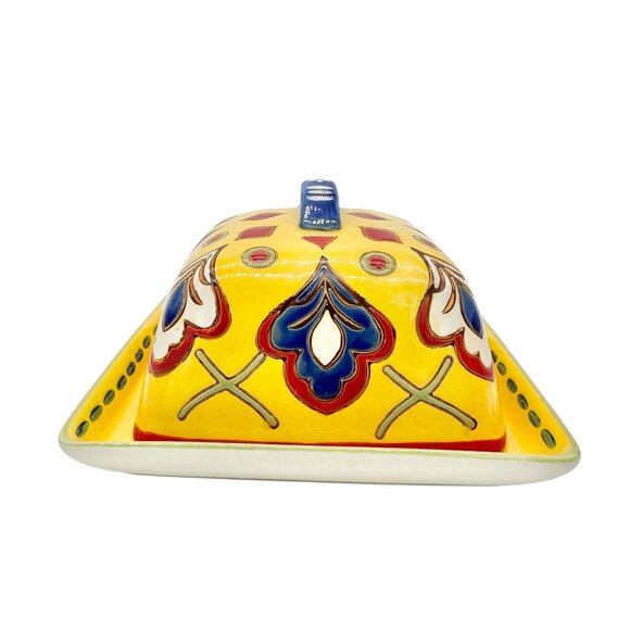Dutch Wax Handpainted Ceramic Covered Butter Dish Square Yellow Colorful Vibrant - Picture 6 of 11